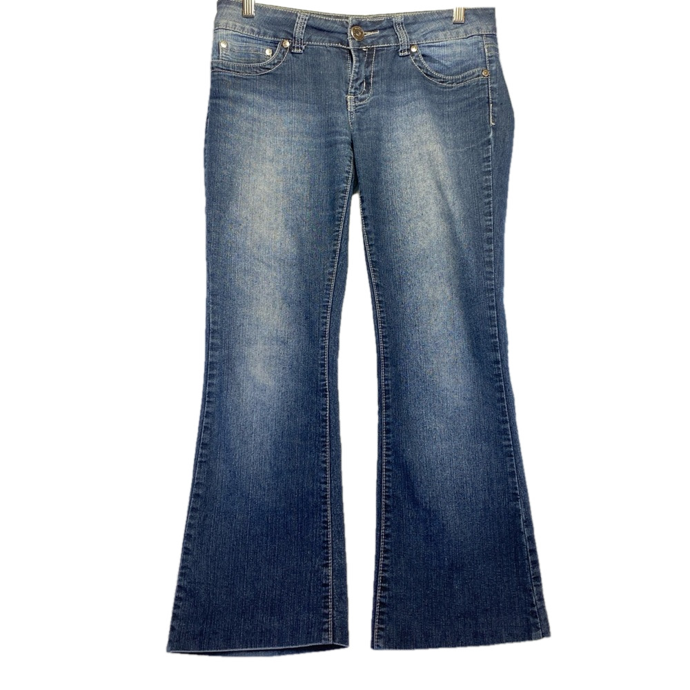 VINTAGE Bongo Jeans Womens Size 7 Blue Low Rise Button Zip Flared Denim Y2K